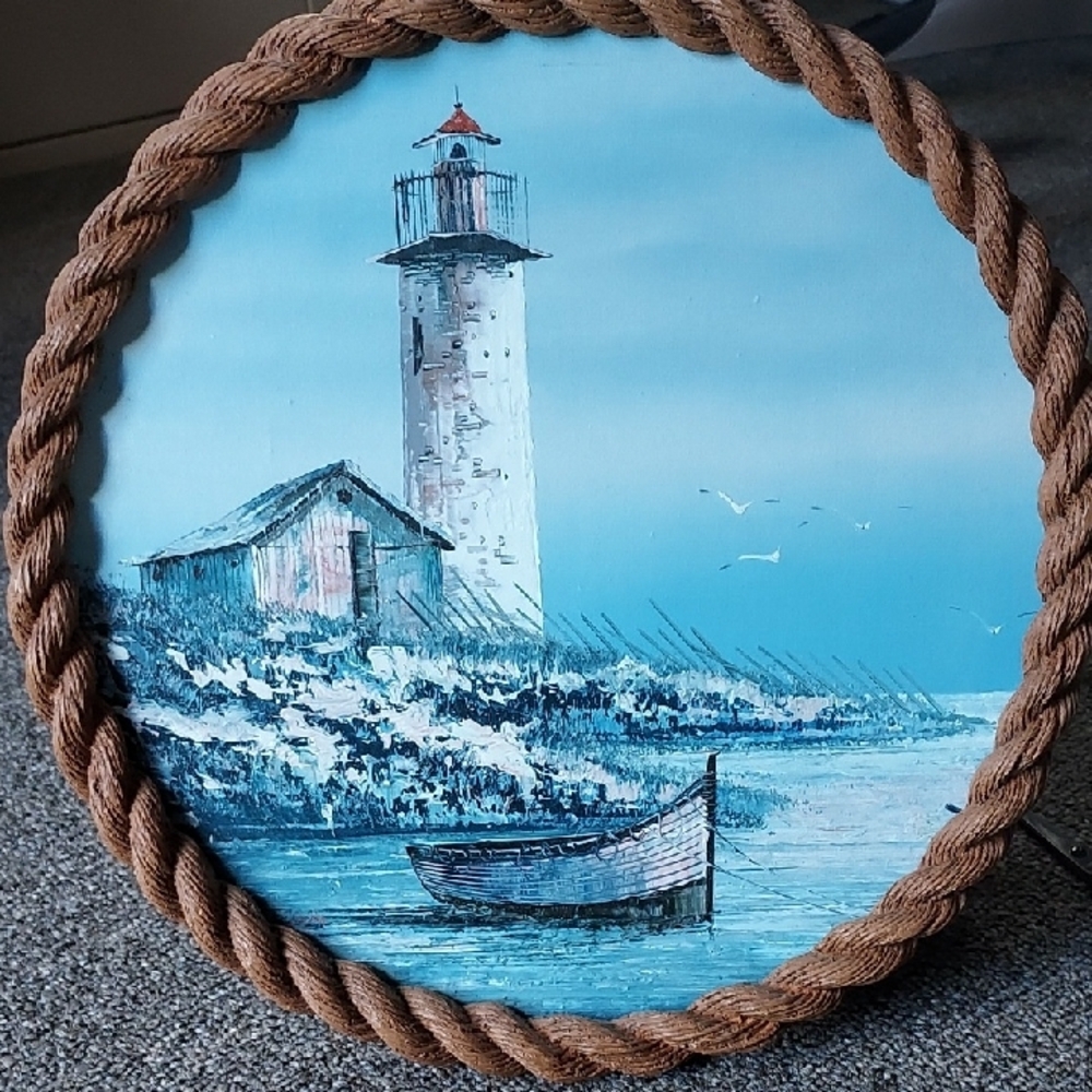 Vintage, Nautical Lighthouse Wall Art with Rope Frame, Signed. - Picture 5 of 5